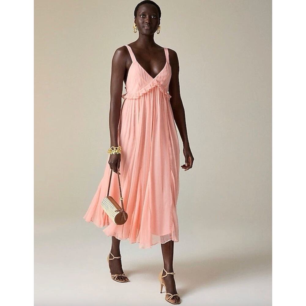 J.Crew Collection Ruffle Trim Midi Dress Crinkle Cupro Blushed Peach US 2 NWT - Picture 1 of 14